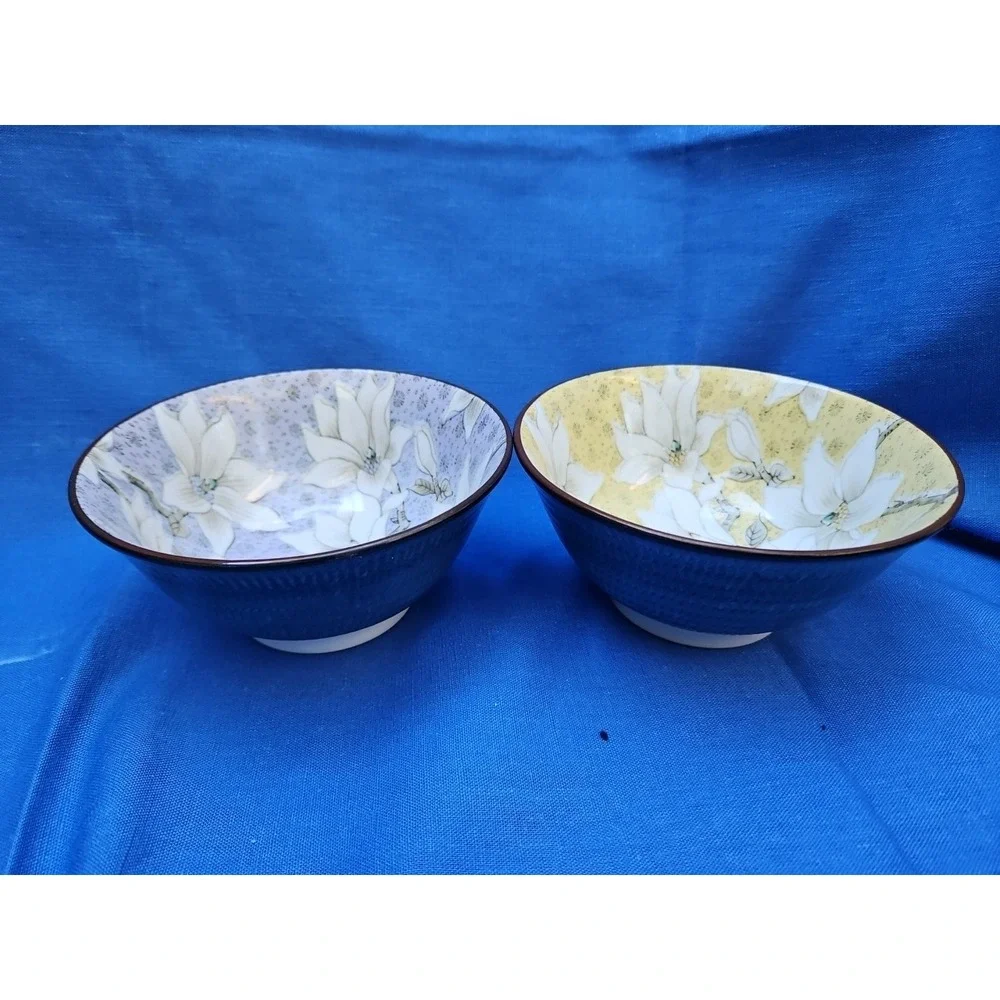 2 Japanese MinoWare Rice Bowl Ramen‎ Mokuren Magnolia Periwinkle Yellow